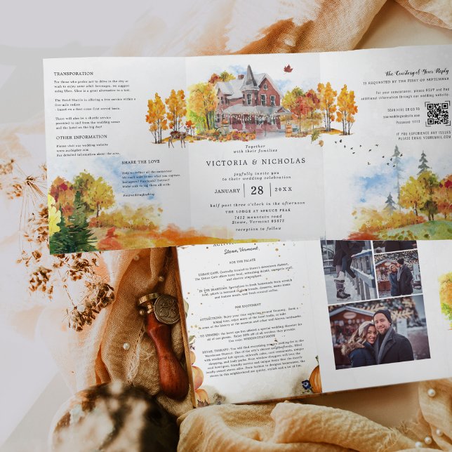 Convite Com Dobra Tripla Casamento Rústico de Outono em Casa de Campo (Criador carregado)