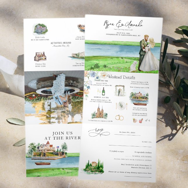 Convite Com Dobra Tripla Casamento Rústico no Rio Alexandria Bay (Criador carregado)