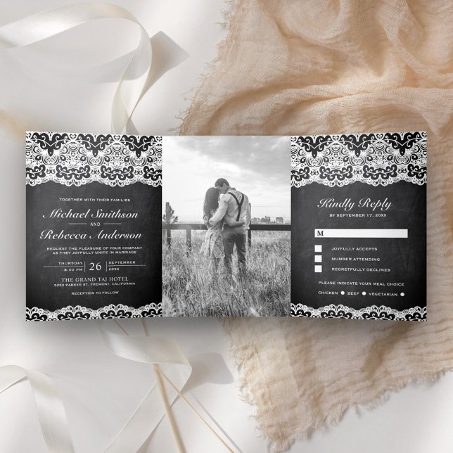 Convite Com Dobra Tripla Casamento Rústico Quadro Preto com Renda Country T (Criador carregado)