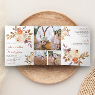 Convite Com Dobra Tripla Casamento Rústico Terroso Empoeirado Floral Pêsseg