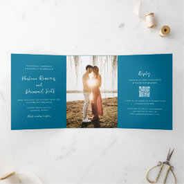 Convite Com Dobra Tripla Casamento Simples Código QR Azul Moderno