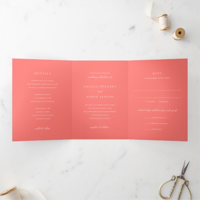 Convite Com Dobra Tripla Casamento Simples Coral Vibrante Moderno e Ousado (Dentro)