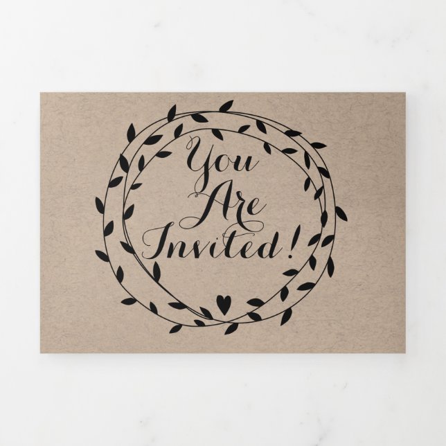 Convite Com Dobra Tripla Casamento Simples de Folha Negra Negra de Folha Ne (Cobrir)