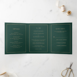 Convite Com Dobra Tripla Casamento Simples do Elegante Modern Emerald Monog