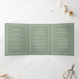 Convite Com Dobra Tripla Casamento Simples do Monograma Verde do Elegante S