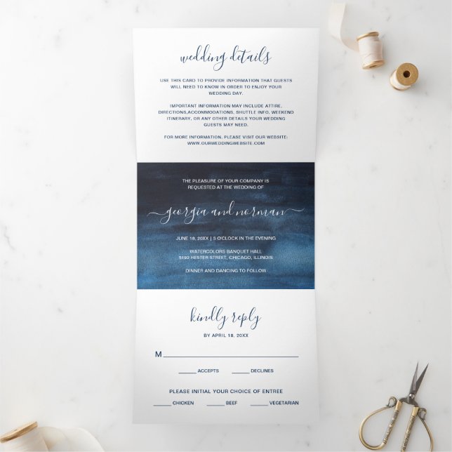 Convite Com Dobra Tripla Casamento Simples Moderno em Aquarela Azul Marinho (Dentro)