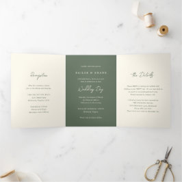 Convite Com Dobra Tripla Casamento Simples Moderno em Verde Oliva