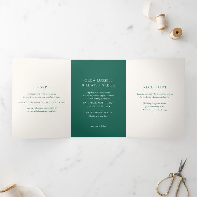 Convite Com Dobra Tripla Casamento Simples Moderno Verde Esmeralda (Dentro)