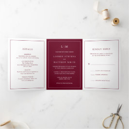 Convite Com Dobra Tripla Casamento Simples Monograma Burgundy Elegante