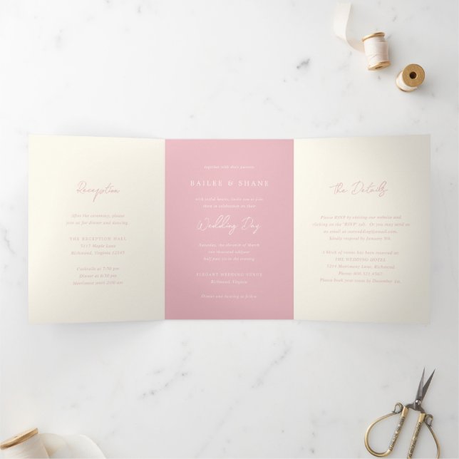 Convite Com Dobra Tripla Casamento Simples Rosa Moderno (Dentro)