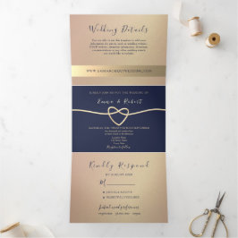 Convite Com Dobra Tripla Casamento Sofisticado em Dourado Rosa e Azul Marin