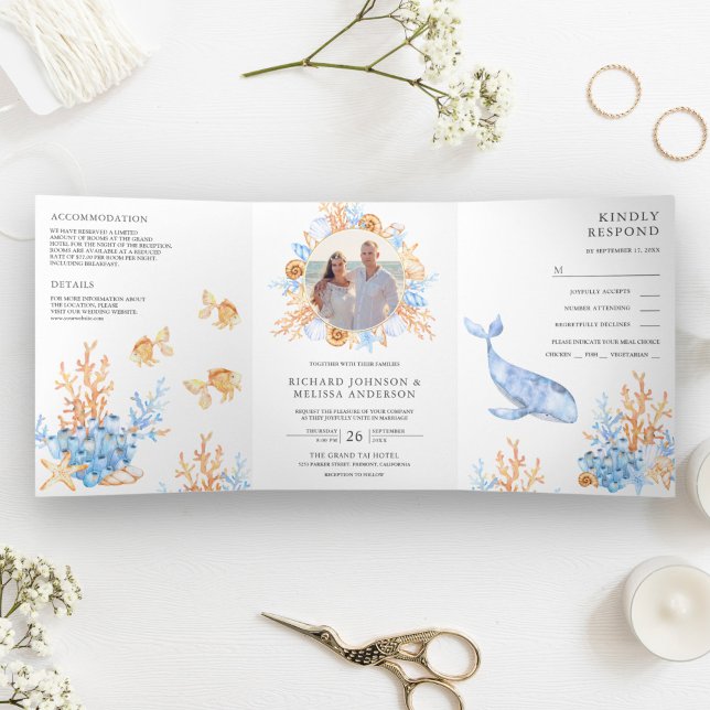 Convite Com Dobra Tripla Casamento Temático Náutico com Aquarela Submarina (Criador carregado)