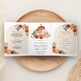 Convite Com Dobra Tripla Casamento Terrestre Laranja Floral Pumpkin Queimad