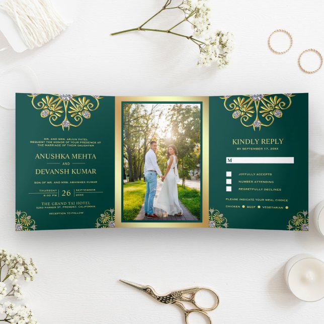 Convite Com Dobra Tripla Casamento Tradicional de Mandala Indiano, Verde e  (Criador carregado)