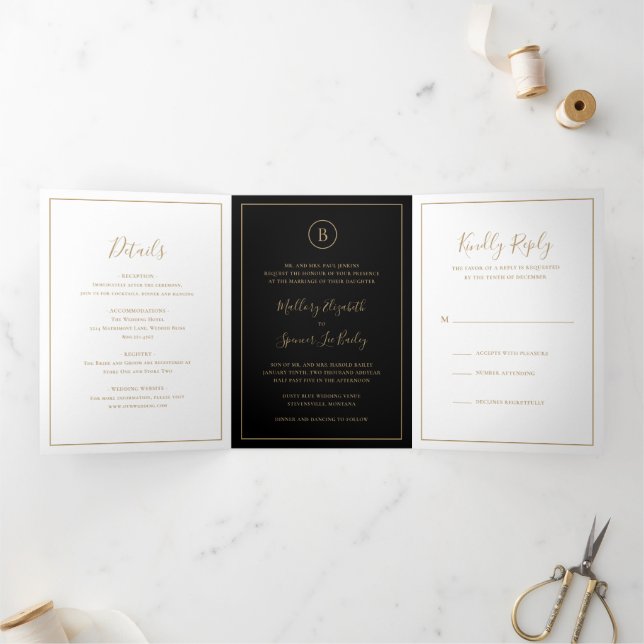Convite Com Dobra Tripla Casamento Tradicional Preto e Dourado Elegante (Dentro)