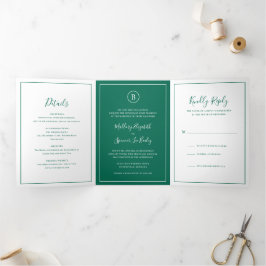 Convite Com Dobra Tripla Casamento Tradicional Verde Esmeralda Elegante