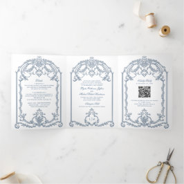 Convite Com Dobra Tripla Casamento Tripartido Barroco com Ornamentado Azul