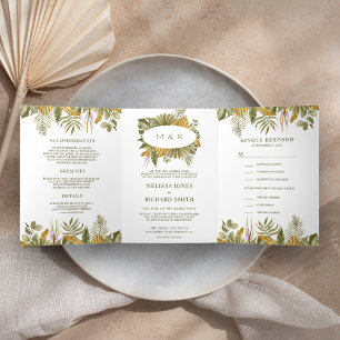 Convite Com Dobra Tripla Casamento Tropical Boho Folhas de Palmeira Secas T