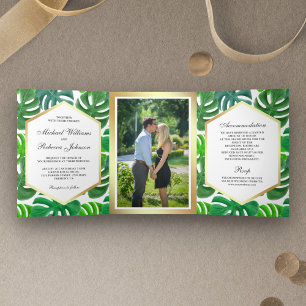 Convite Com Dobra Tripla Casamento Tropical Monstera Hexágono Verde e Branc