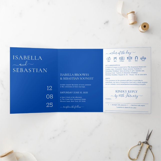 Convite Com Dobra Tripla Casamento Tudo-em-Um Azul Cobalto (Dentro)