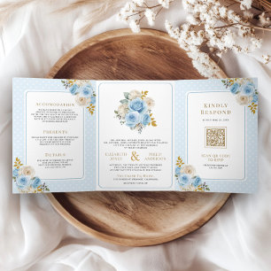 Convite Com Dobra Tripla Casamento Tudo em Um Blue Gold Ivory Floral Roses