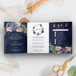 Convite Com Dobra Tripla Casamento Tudo em Um com Flores Rosa e Azul Marinh