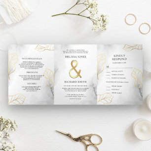 Convite Com Dobra Tripla Casamento Tudo em Um com Folhas Brancas e Douradas