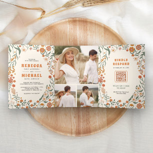 Convite Com Dobra Tripla Casamento Tudo em Um Creme Laranja Groovy Wildflow