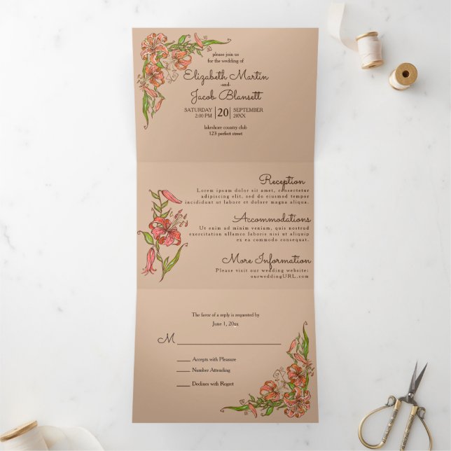 Convite Com Dobra Tripla Casamento Tudo em Um Tiger Lily (Dentro)