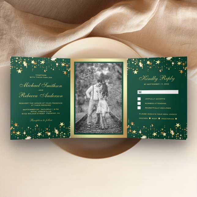 Convite Com Dobra Tripla Casamento Verde Confetti Emerald Stars Gold Foil (Criador carregado)