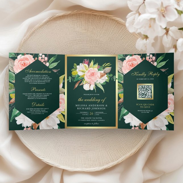 Convite Com Dobra Tripla Casamento Verde Esmeralda Código QR Dourado Floral (Criador carregado)