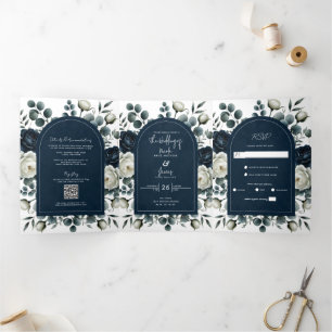 Convite Com Dobra Tripla Casamento Verde Floral Moderno Azul Escuro e Branc