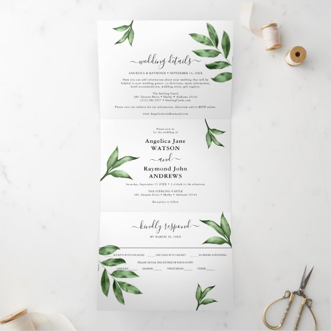 Convite Com Dobra Tripla Casamento Verde Pintado com Aquarela Natural (Dentro)