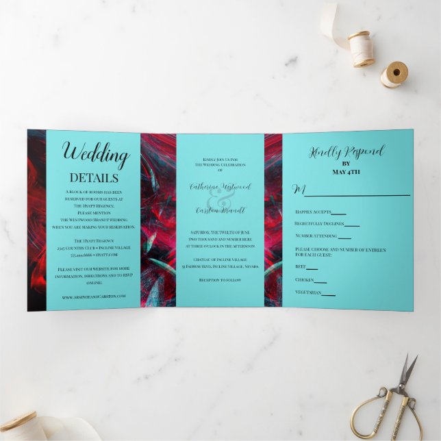 Convite Com Dobra Tripla Casamento Vermelho e Negro Dramático (Dentro)