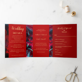 Convite Com Dobra Tripla Casamento Vermelho e Negro Dramático