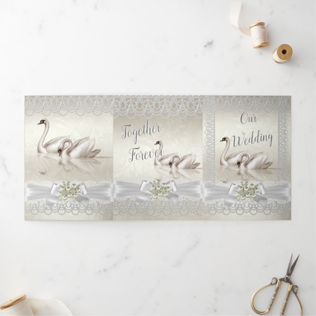 Convite Com Dobra Tripla Casamento White Swans Cream Pearl Lace Damask 3 (Fora)