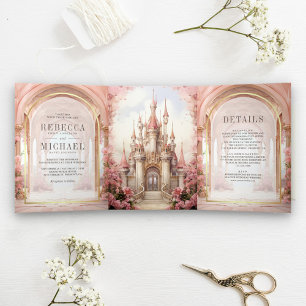 Convite Com Dobra Tripla Castelo de Conto de Fadas Floral Rosa Tudo em Um C