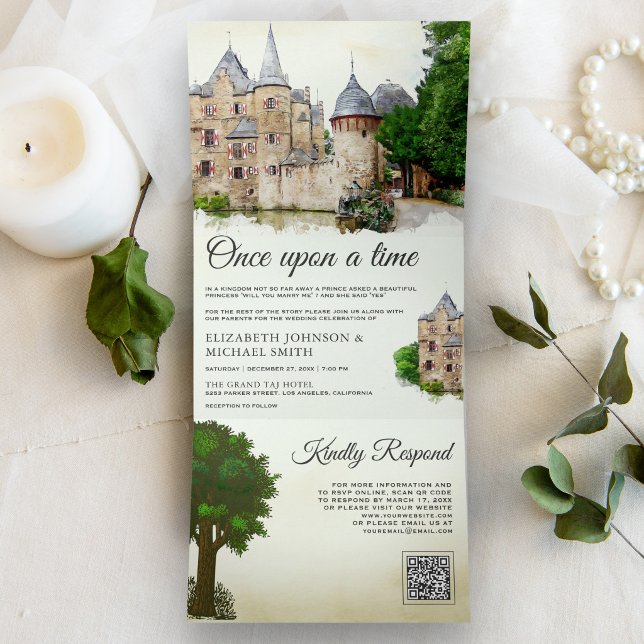 Convite Com Dobra Tripla Castelo de Conto de Fadas Rústico Código QR Casame (Criador carregado)