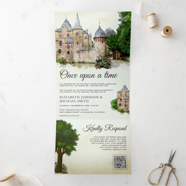 Convite Com Dobra Tripla Castelo de Conto de Fadas Rústico Código QR Casame (Dentro)