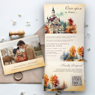 Convite Com Dobra Tripla Castelo de Conto de Fadas Rústico Código QR Livro