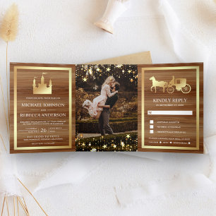 Convite Com Dobra Tripla Castelo de Fadas Dourado Princesa Carruagem Casame