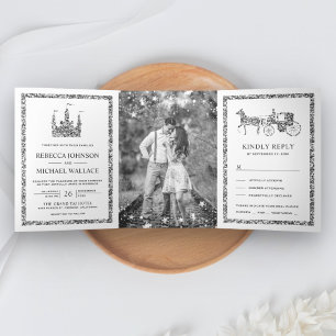 Convite Com Dobra Tripla Castelo de Fadas Prata Princesa Carruagem Casament