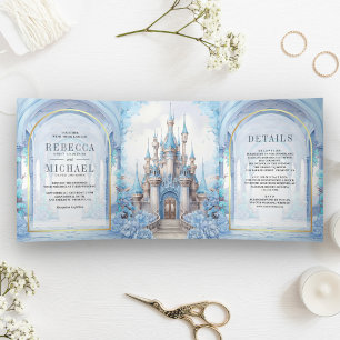 Convite Com Dobra Tripla Castelo de Fairytale Floral Azul Tudo em Um Casame
