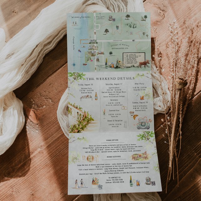 Convite Com Dobra Tripla Cayuga Lake NY | Dobragem Tripla Ilustrada De Casa (Criador carregado)