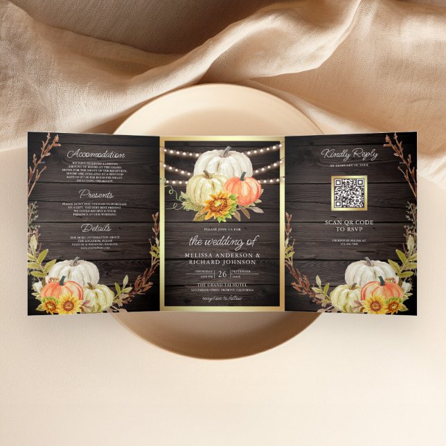 Convite Com Dobra Tripla Celebração de Casamento com Código QR de Girassol  (Criador carregado)