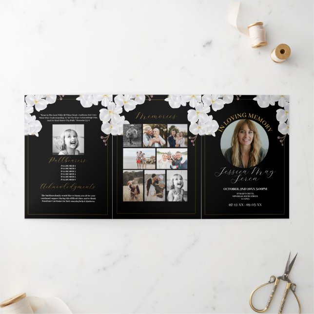 Convite Com Dobra Tripla Celebração Obituária de Flores de Foto da Vida Bra (Fora)