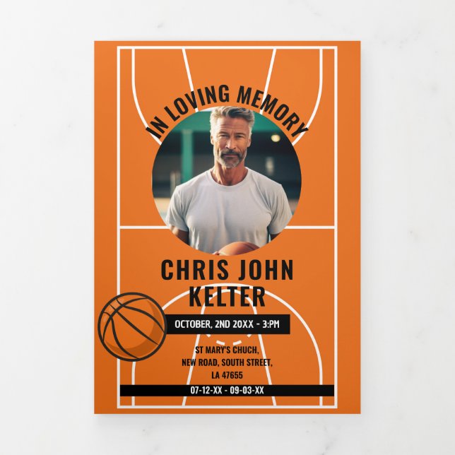 Convite Com Dobra Tripla Celebração Obituária do Basquete de Fotos da Vida (Cobrir)
