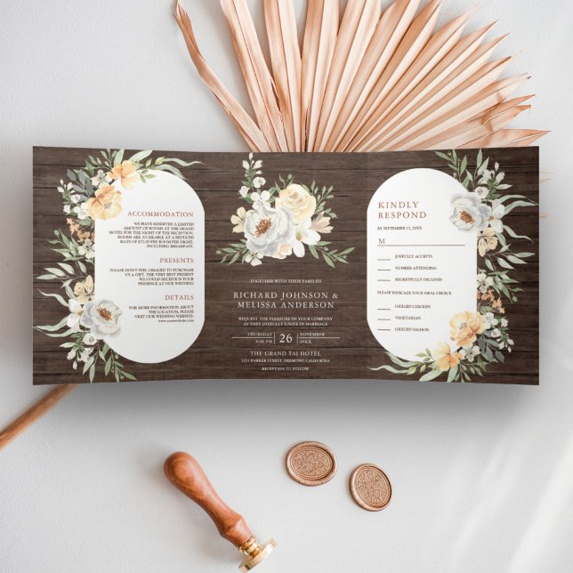 Convite Com Dobra Tripla Celeiro Rústico Madeira Boho Terroso Floral Pêsseg (Criador carregado)