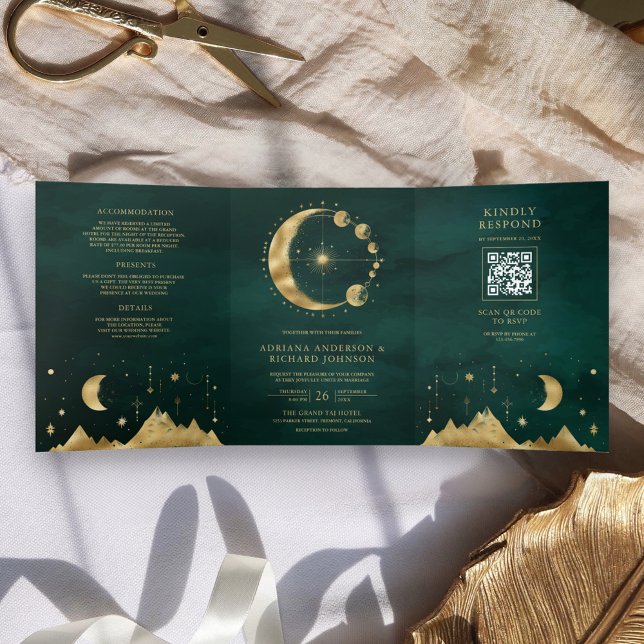 Convite Com Dobra Tripla Celestial Esmeralda Dourada Fase da Lua Casamento (Criador carregado)