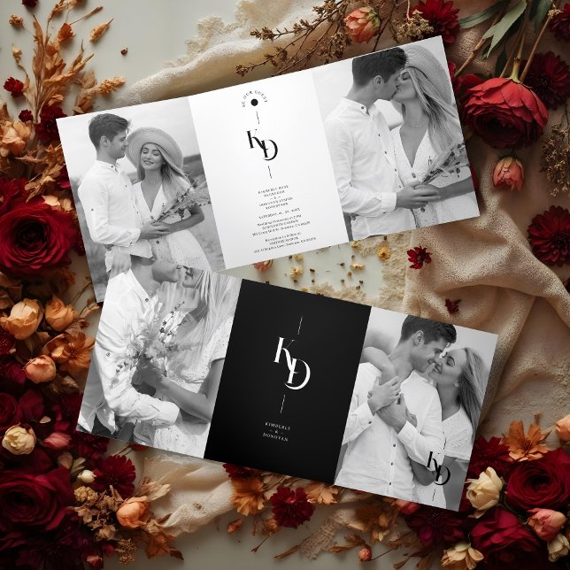 Convite Com Dobra Tripla Charming Elegant Minimalist Black & White Wedding (Charming Elegant Minimalist Black & White Wedding Initials 4 Photos Invitations Tri-Fold Cards. )